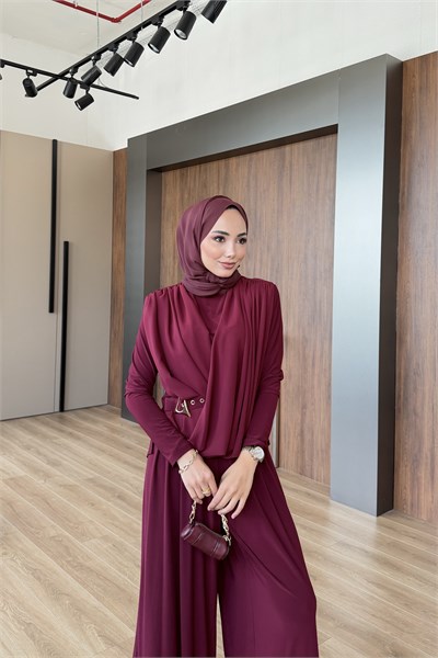 Nagehan Pantolonlu Takım Bordo 