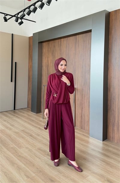 Nagehan Pantolonlu Takım Bordo 