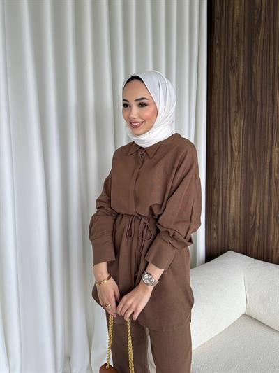 Pantalonlu Keten Takım Kahve