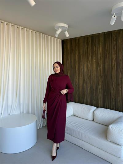 Rana Krep Elbise Bordo