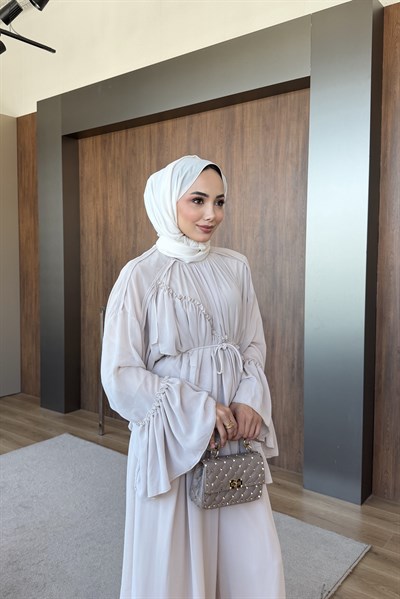 Şeritli Şifon Pantolon Takım bej