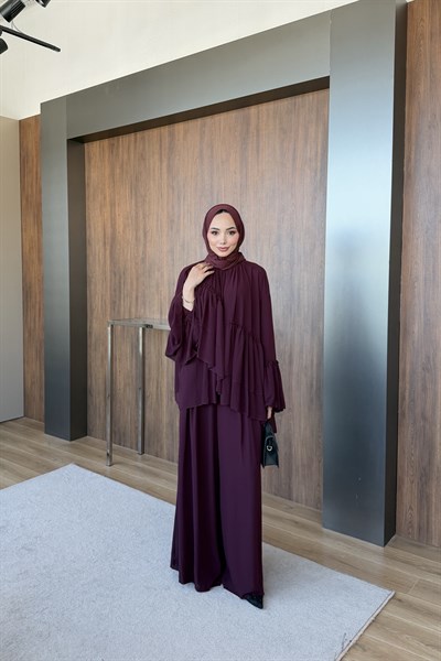 Şeritli Şifon Pantolon Takım  Bordo