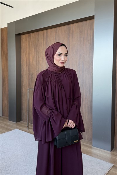 Şeritli Şifon Pantolon Takım  Bordo