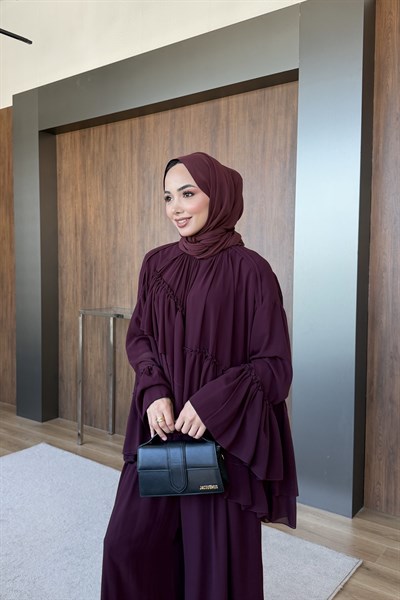 Şeritli Şifon Pantolon Takım  Bordo