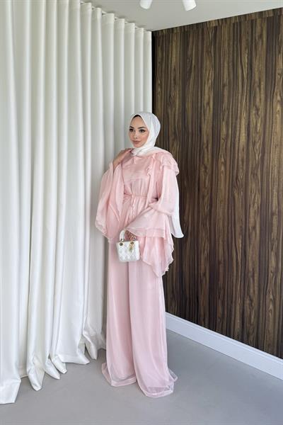 Volanlı şifon pantalonlu takım pembe 