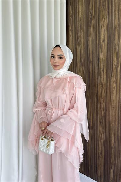 Volanlı şifon pantalonlu takım pembe 