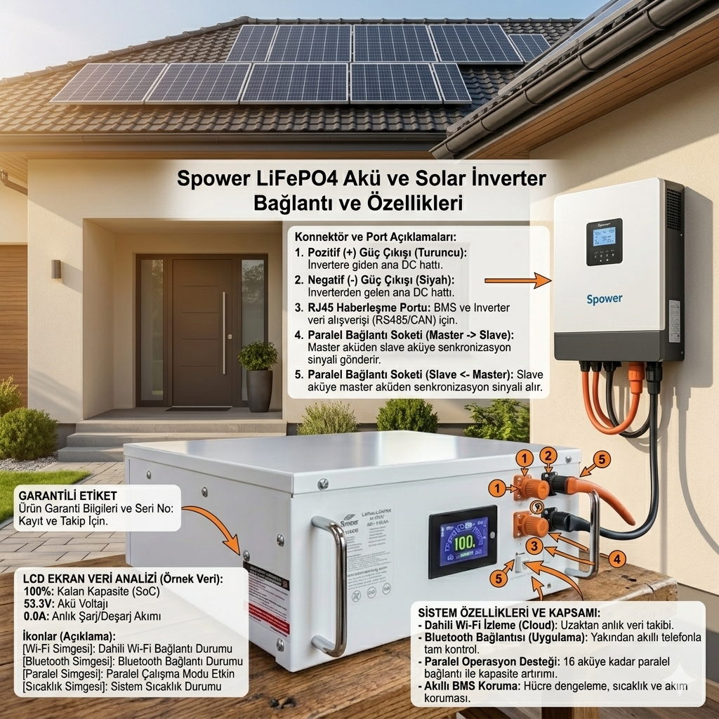 Spower Spower 48V 105AH (51,2 Volt) Lityum Lifepo4 Bluetooth Akü