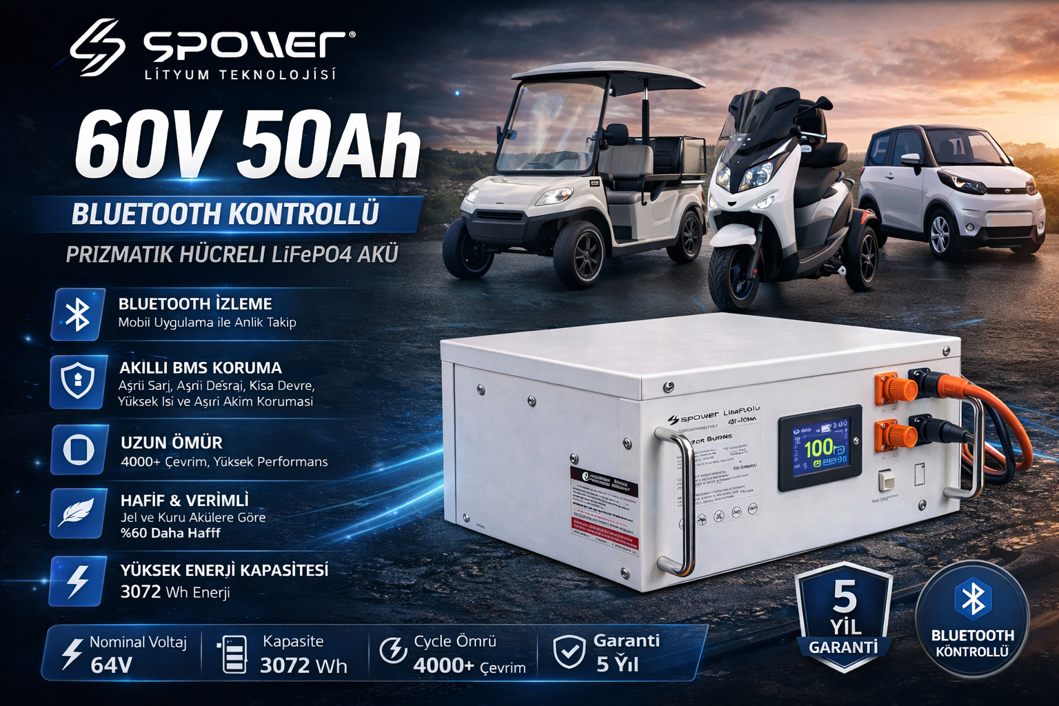 Spower Spower 12V 1120AH Lityum Lifepo4 Bluetooth Engelli Aracı Aküsü