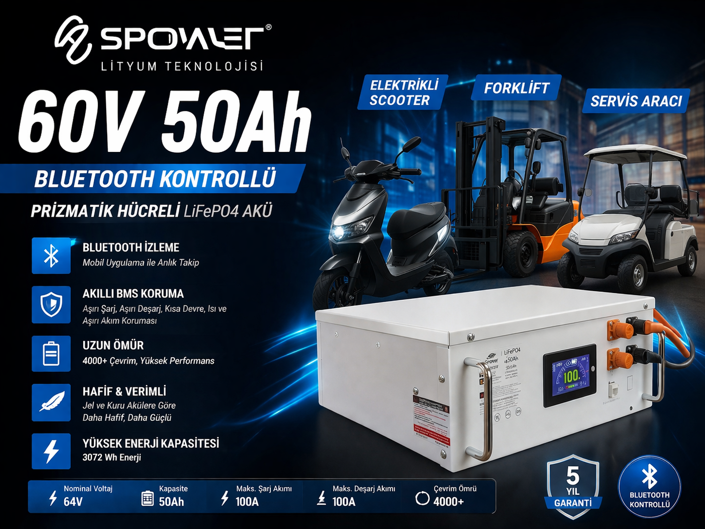 Spower Spower 12V 1120AH Lityum Lifepo4 Bluetooth Engelli Aracı Aküsü