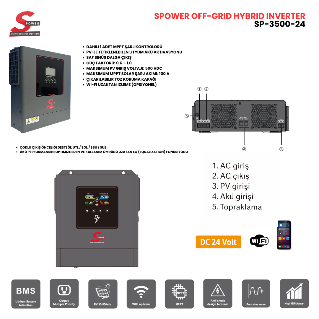 Spower Spower SP- 3500 3.5kW (3500Watt) 24v MPPT Tam Sinüs Off-Grid Hybrid ...