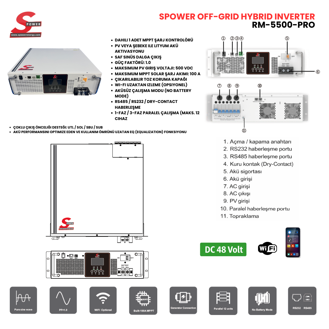 Spower Spower SP-RM5500 PRO 5.5 kW (5500Watt) MPPT Off-Grid Rack Mount Inverter