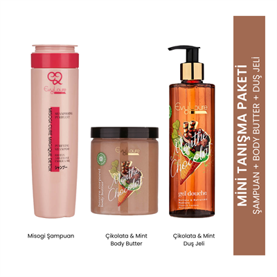 EvyLaure Özel Seçim Tanışma Paketi 2: Arındırıcı Misogi Şampuan ve Çikolata Kokulu Cilt Bakımı