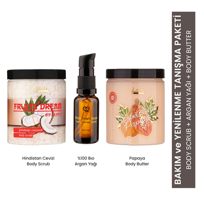 EvyLaure Özel Seçim Tanışma Paketi 3: Arındırıcı Peeling, %100 Argan Yağı ve Nemlendirici Papaya Body Butter
