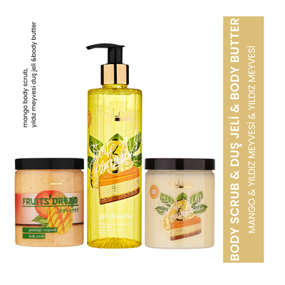 EvyLaure Canlandırıcı Tropik Bakım Seti – Mango Peeling & Yıldız Meyvesi Duş Jeli & Body Butter