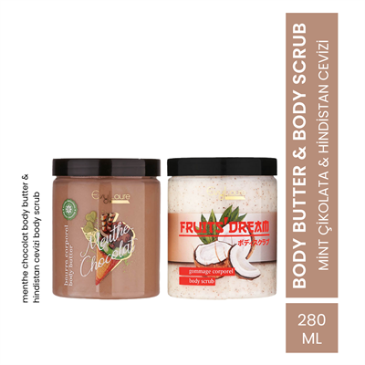 EvyLaure Tropikal Vücut Bakım Seti | Hindistan Cevizi Peeling & Çikolata-Nane Nemlendirici
