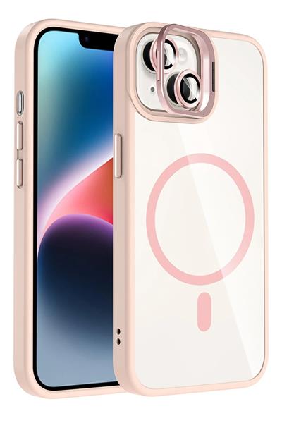 Apple iPhone 13 / iPhone 14 Remim Lensli MagSafe Standlı Darbe Korumalı Kılıf – Pembe