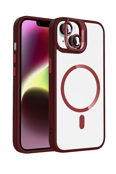 Apple iPhone 13 / iPhone 14 Remim Lensli MagSafe Standlı Darbe Korumalı Kılıf – Bordo