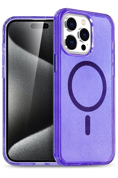 Apple iPhone 14 Pro Max Kılıf Glow Magsafe Kapak - Simli Mor