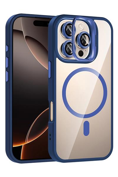 Apple iPhone 14 Pro Max Remim Lensli MagSafe Standlı Darbe Korumalı Kılıf – Lacivert