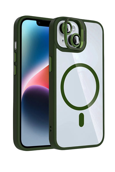 Apple iPhone 15 Plus Remim Lensli MagSafe Standlı Darbe Korumalı Kılıf – Koyu Yeşil