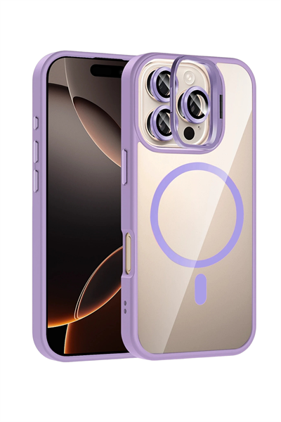 Apple iPhone 15 Pro Max Remim Lensli MagSafe Standlı Darbe Korumalı Kılıf – Lila