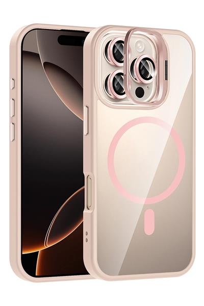Apple iPhone 15 Pro Max Remim Lensli MagSafe Standlı Darbe Korumalı Kılıf – Pembe