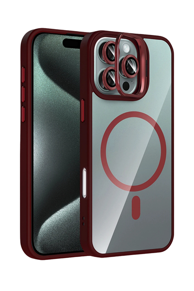 Apple iPhone 15 Pro Max Remim Lensli MagSafe Standlı Darbe Korumalı Kılıf – Bordo