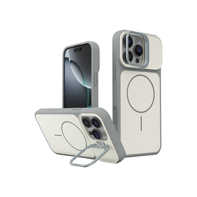 Apple iPhone 16 Pro Max Pale MagSafe Manyetik Kickstand, Darbe Koruma, Şeffaf Premium Standlı Kılıf – Beyaz-Gri