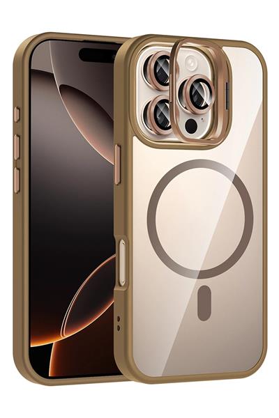 Apple iPhone 16 Pro Max Remim Lensli MagSafe Standlı Darbe Korumalı Kılıf – Çöl Titanyum