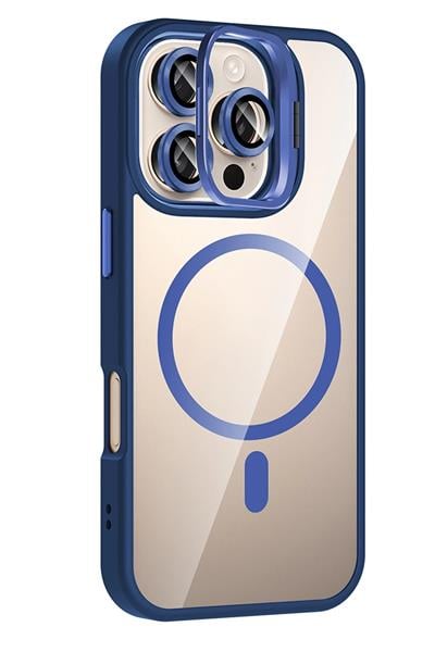 Apple iPhone 16 Pro Max Remim Lensli MagSafe Standlı Darbe Korumalı Kılıf – Lacivert