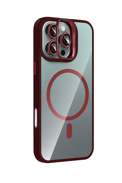 Apple iPhone 16 Pro Remim Lensli MagSafe Standlı Darbe Korumalı Kılıf – Bordo