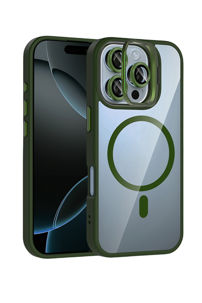 Apple iPhone 16 Pro Remim Lensli MagSafe Standlı Darbe Korumalı Kılıf – Koyu Yeşil