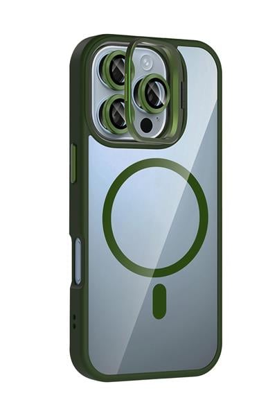Apple iPhone 16 Pro Remim Lensli MagSafe Standlı Darbe Korumalı Kılıf – Koyu Yeşil