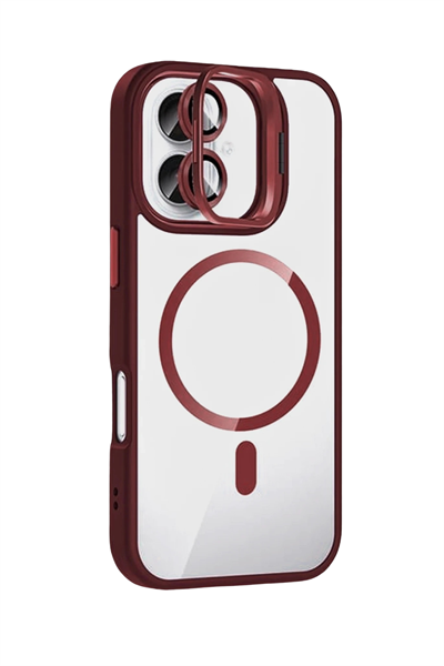 Apple iPhone 16 Remim Lensli MagSafe Standlı Darbe Korumalı Kılıf – Bordo