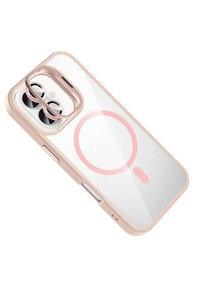 Apple iPhone 16 Remim Lensli MagSafe Standlı Darbe Korumalı Kılıf – Pembe