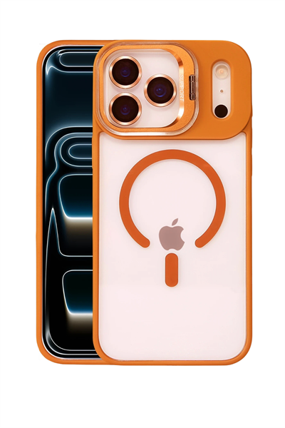 Apple iPhone 17 Pro Max Remim Lensli MagSafe Standlı Darbe Korumalı Kılıf – Turuncu
