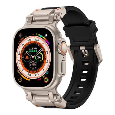 Apple Watch 42mm / 44mm / 45mm / 46mm / 49mm Titanyum Metal Başlıklı Silikon Kordon - Siyah Titanyum