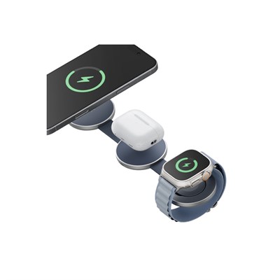 Energea AluMag Trio 3in1 Qi2 Kablosuz Şarj Standı 15W Katlanabilir Manyetik (iPhone, Apple Watch, AirPods) – Mavi