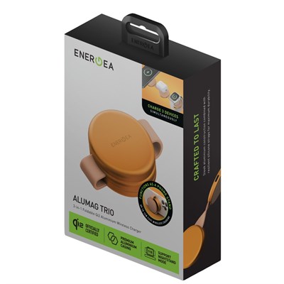 Energea AluMag Trio 3in1 Qi2 Kablosuz Şarj Standı 15W Katlanabilir Manyetik (iPhone, Apple Watch, AirPods) – Turuncu