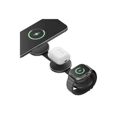 Energea AluMag Trio 3in1 Qi2 Kablosuz Şarj Standı 15W Katlanabilir Manyetik (iPhone, Apple Watch, AirPods) – Siyah