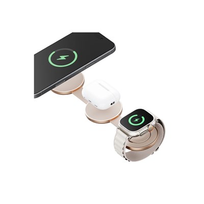 Energea AluMag Trio 3in1 Qi2 Kablosuz Şarj Standı 15W Katlanabilir Manyetik (iPhone, Apple Watch, AirPods) – Gold