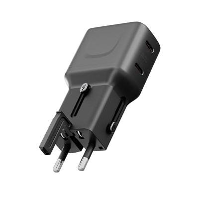 Energea TravelGo 65W GaN Hızlı Şarj Adaptörü 2x USB-C PD PPS Çoklu Şarj Cihazı – Siyah