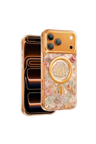 Keephone iPhone 17 Pro MagSafe Uyumlu Iceland Simli Şeffaf Telefon Kılıfı – Turuncu