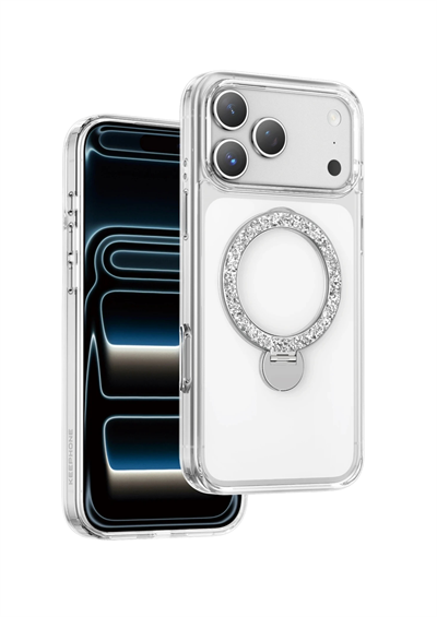 Keephone iPhone 17 Pro MagSafe Uyumlu Crystal Taşlı 360° Standlı Telefon Kılıfı - Şeffaf