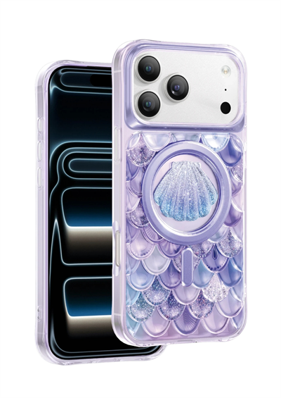 Keephone iPhone 17 Pro MagSafe Uyumlu Iceland Simli Şeffaf Telefon Kılıfı – Mor