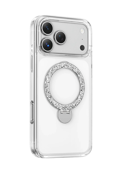Keephone iPhone 17 Pro Max MagSafe Uyumlu Crystal Taşlı 360° Standlı Telefon Kılıfı - Şeffaf