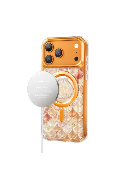 Keephone iPhone 17 Pro Max MagSafe Uyumlu Iceland Simli Şeffaf Telefon Kılıfı – Turuncu