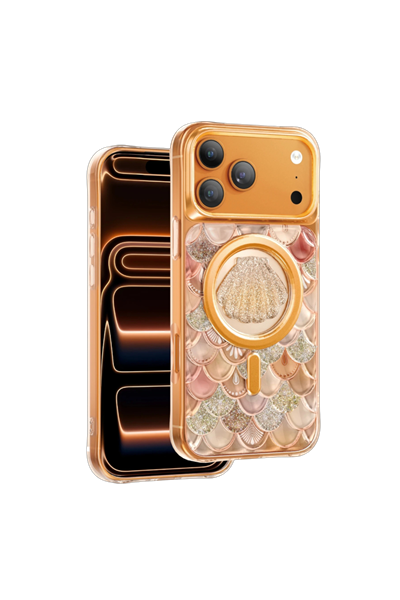 Keephone iPhone 17 Pro Max MagSafe Uyumlu Iceland Simli Şeffaf Telefon Kılıfı – Turuncu