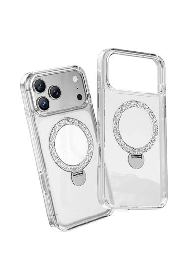 Keephone iPhone 17 Pro Max MagSafe Uyumlu Crystal Taşlı 360° Standlı Telefon Kılıfı - Şeffaf