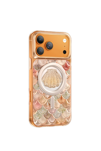 Keephone iPhone 17 Pro Max MagSafe Uyumlu Iceland Simli Şeffaf Telefon Kılıfı – Turuncu